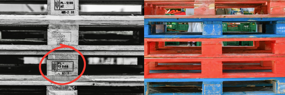 IPPC ISPM-15 heat-treatment stamp branded on a wood pallet corner