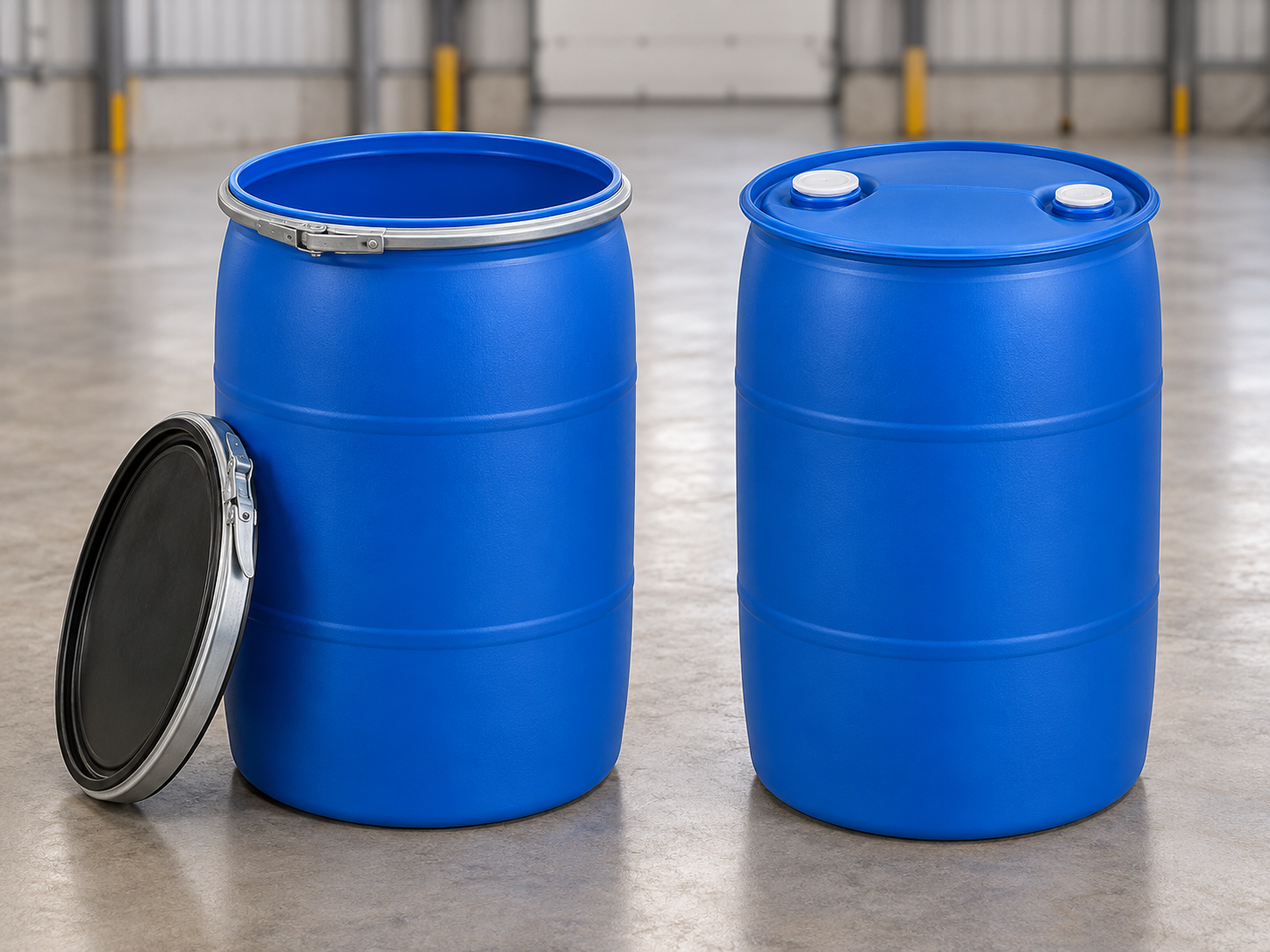 Open-top and closed-top plastic drums side by side on a warehouse floor
