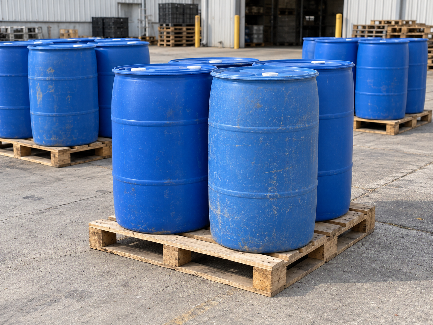 Used 55-gallon plastic drums stacked on pallets at a pickup yard