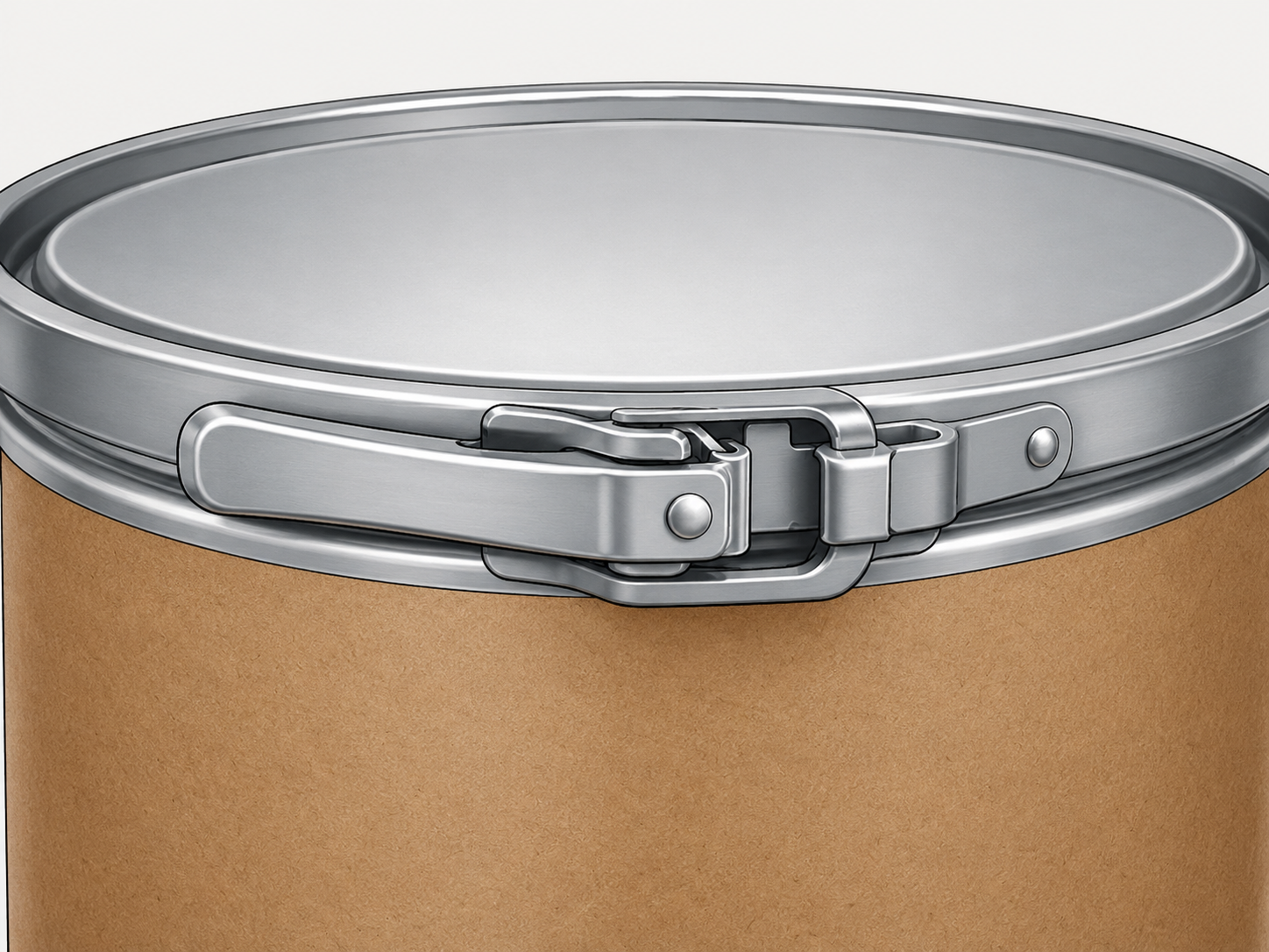 Close-up of a lever lock ring closure on a fiber drum lid