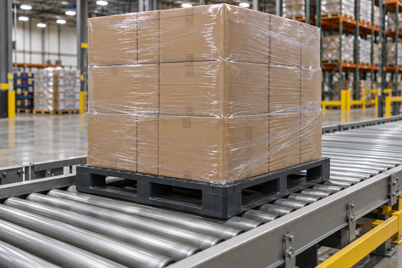 Loaded plastic pallet moving along a roller conveyor in a distribution center