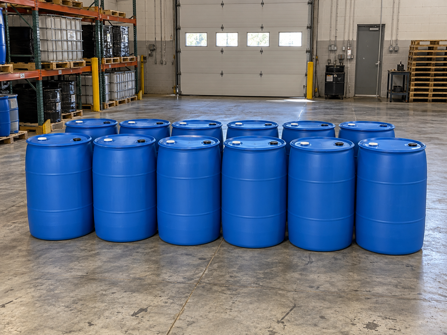 Rows of cleaned plastic drums with new closures lined up on a warehouse floor