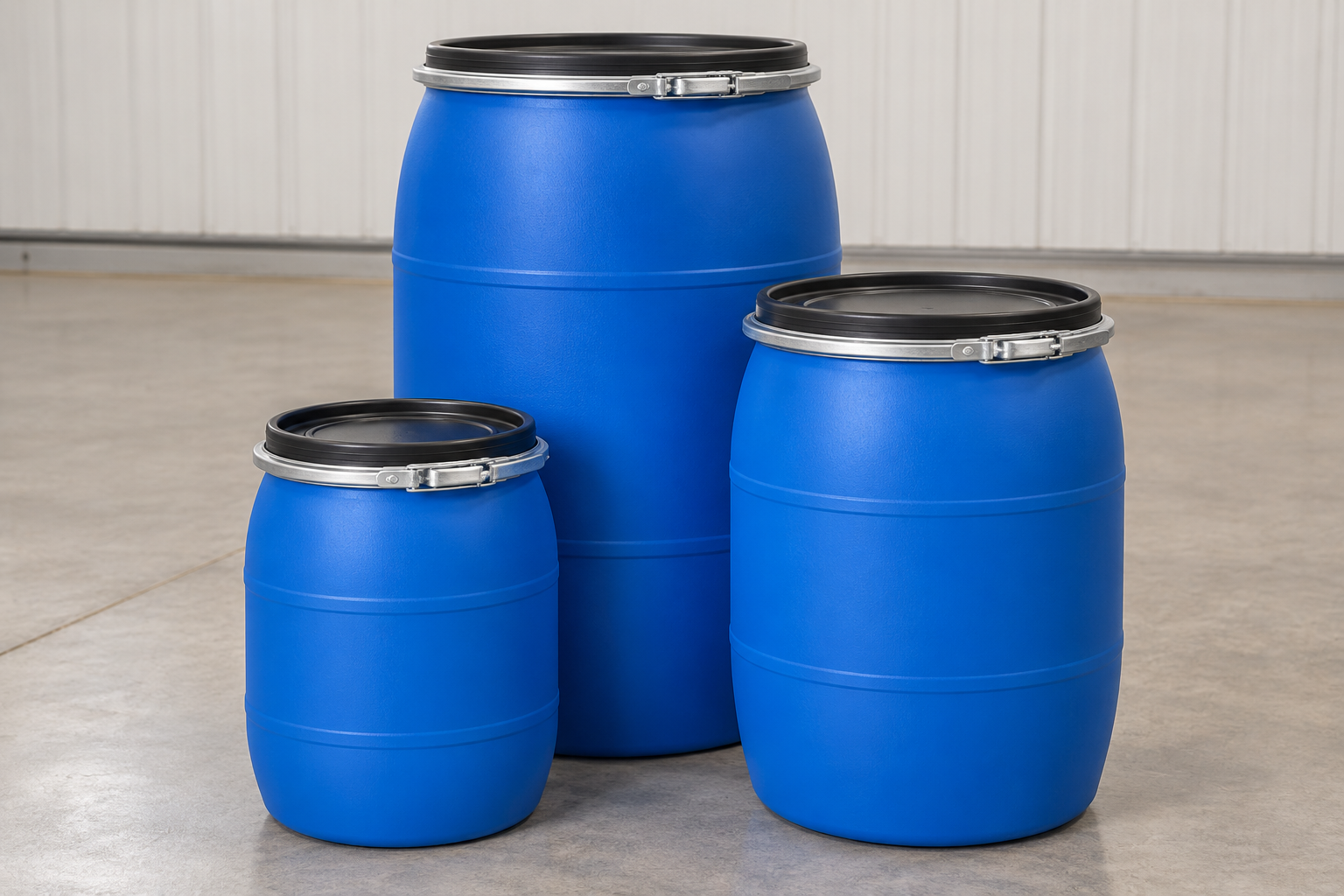 Small open head plastic drums with lever lock rings standing in front of a 30 gallon drum