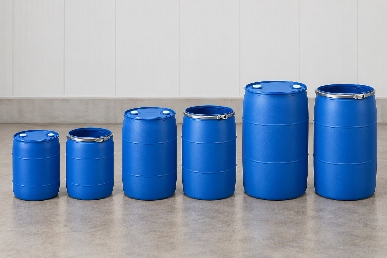 Lineup of 15, 30, and 55-gallon plastic drums in closed-head and open-head styles