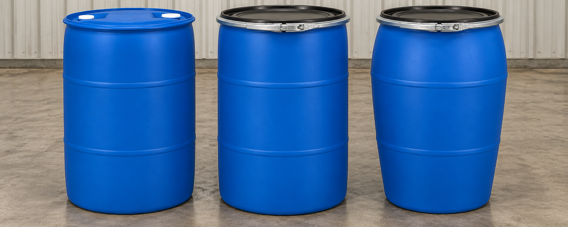 Three 55 gallon plastic drums side by side: a tight head, a straight-sided open head, and a taper-sided open head