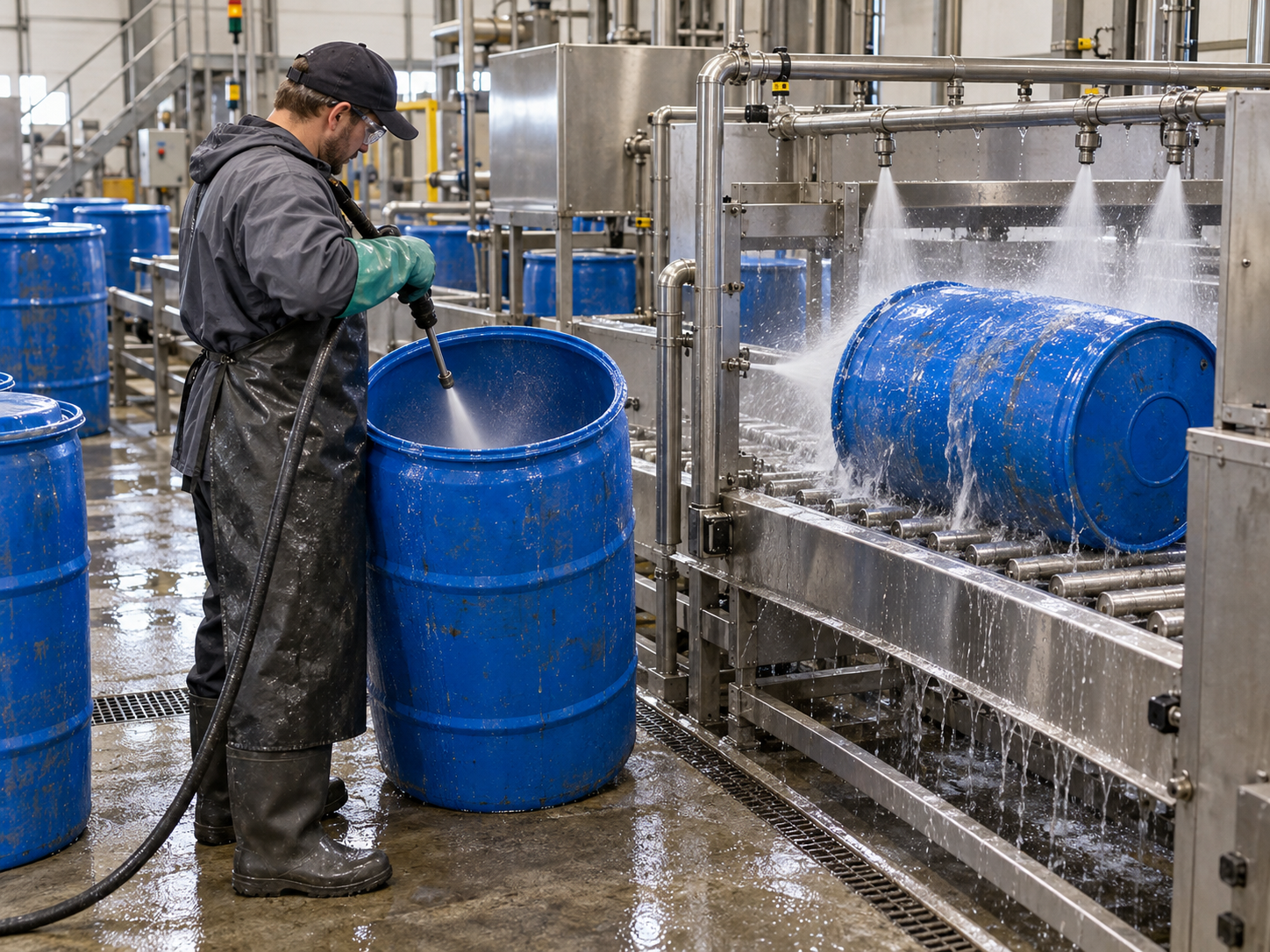 Used plastic drums being washed inside and out on a reconditioning line