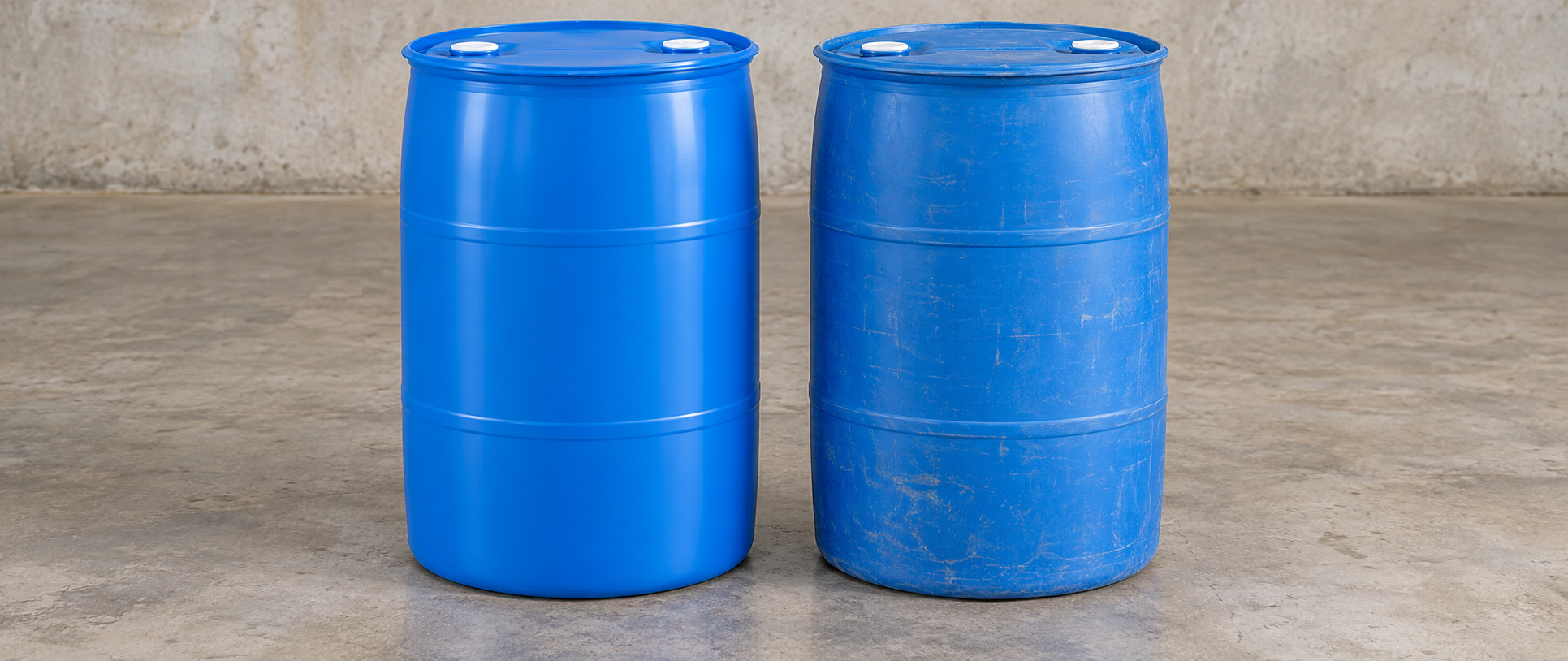 A new plastic drum beside a used drum with scuffed sides on a warehouse floor