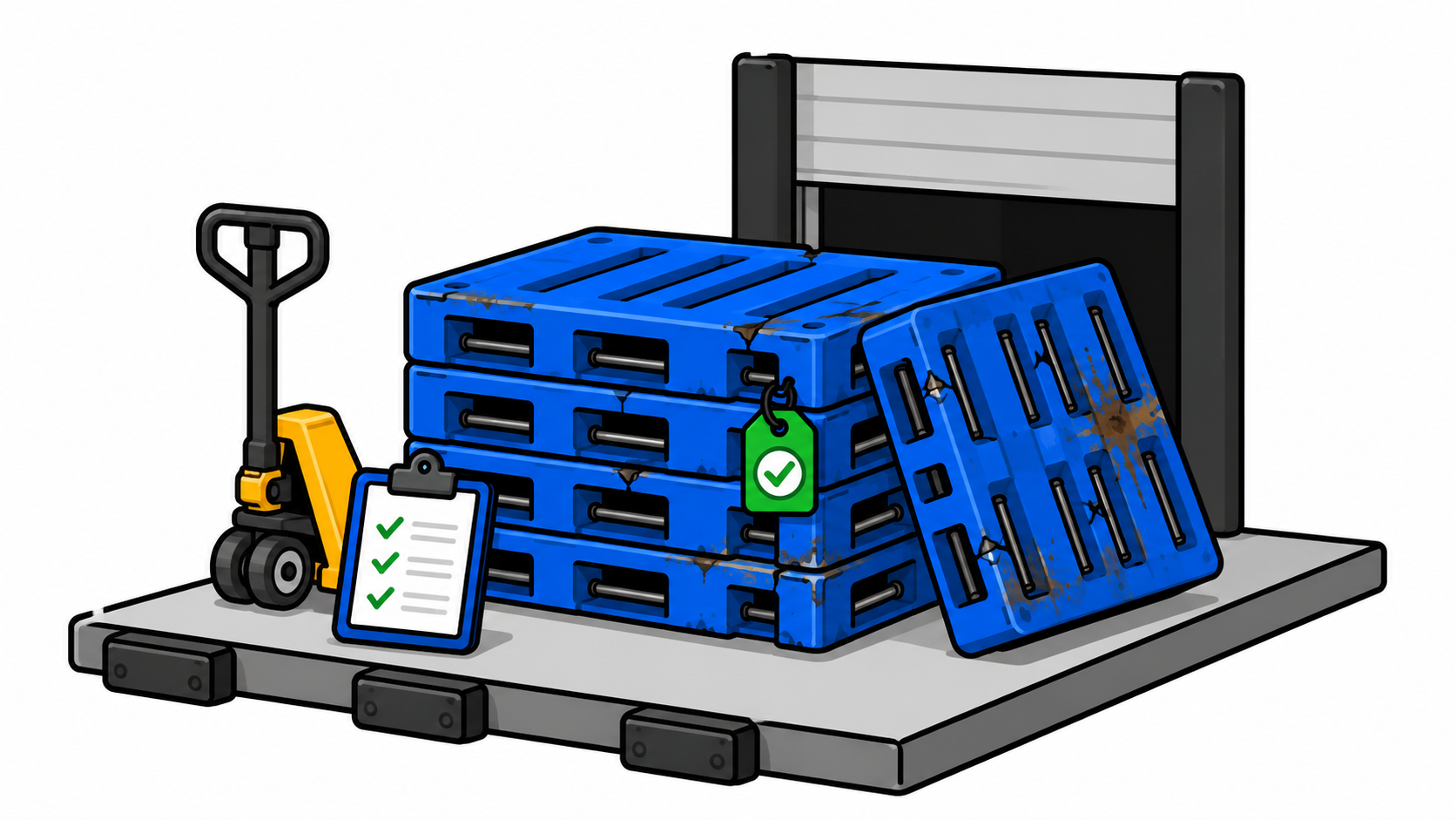 Damaged plastic pallets staged on a loading dock for pickup