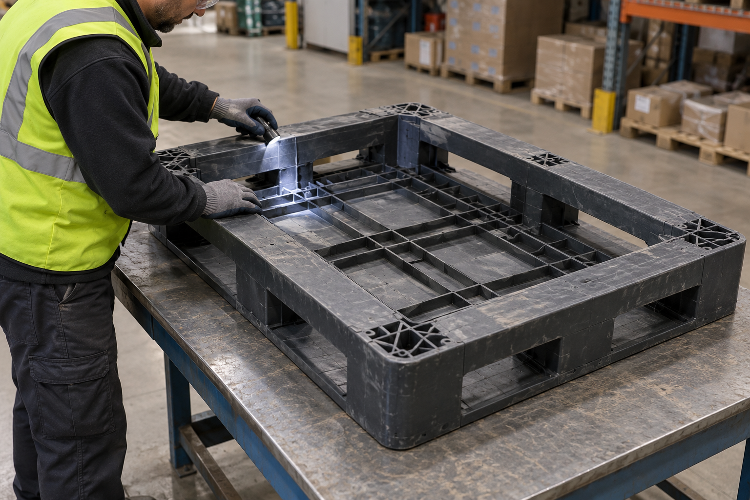 Person inspecting the underside of an upturned plastic pallet