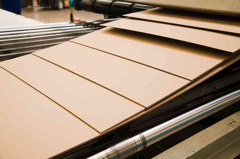 Photo of corrugated cardboard being manufactured in a factory
