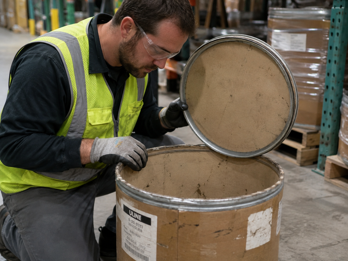 Warehouse worker inspecting the interior and lid of a used fiber drum