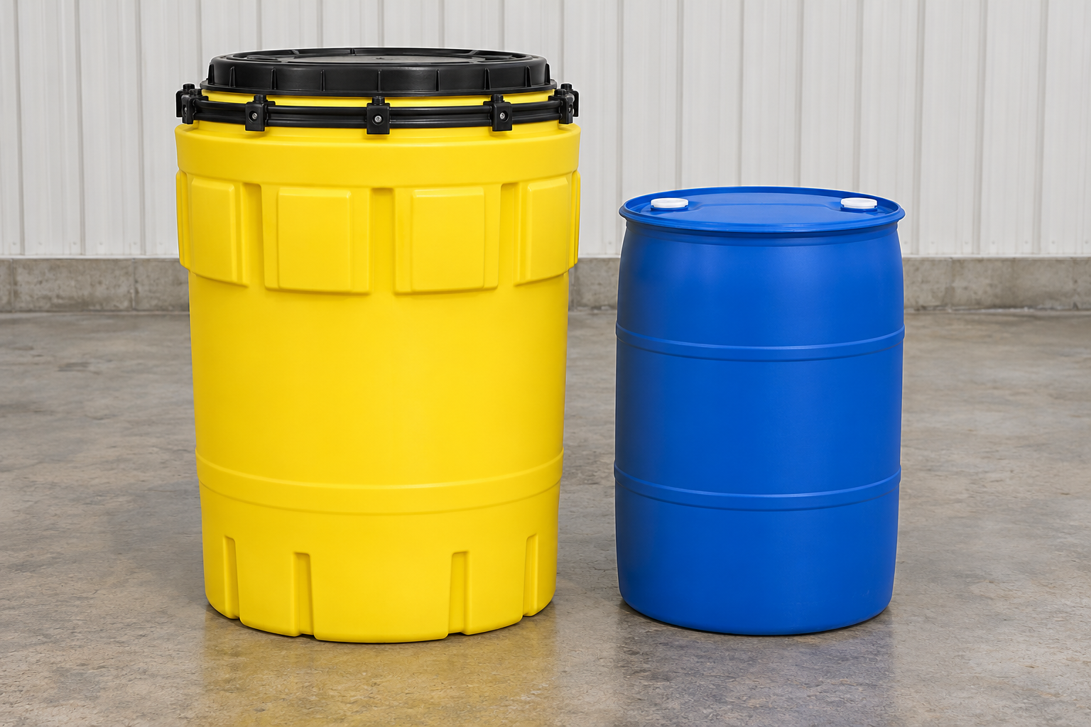 A yellow 95 gallon salvage drum standing next to a 55 gallon plastic drum