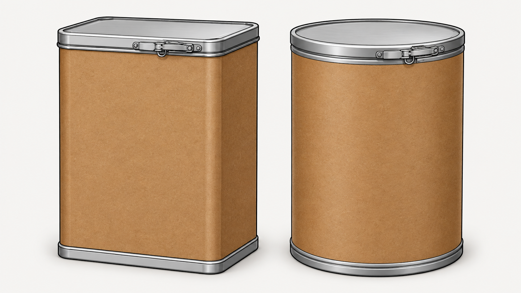 Rectangular Ro-Con style fiber drum next to a standard round fiber drum