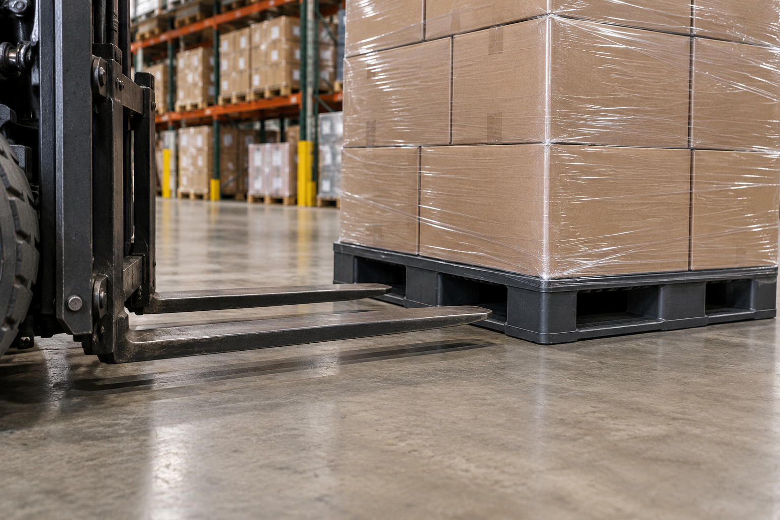 Forklift forks lined up with the side of a loaded plastic pallet