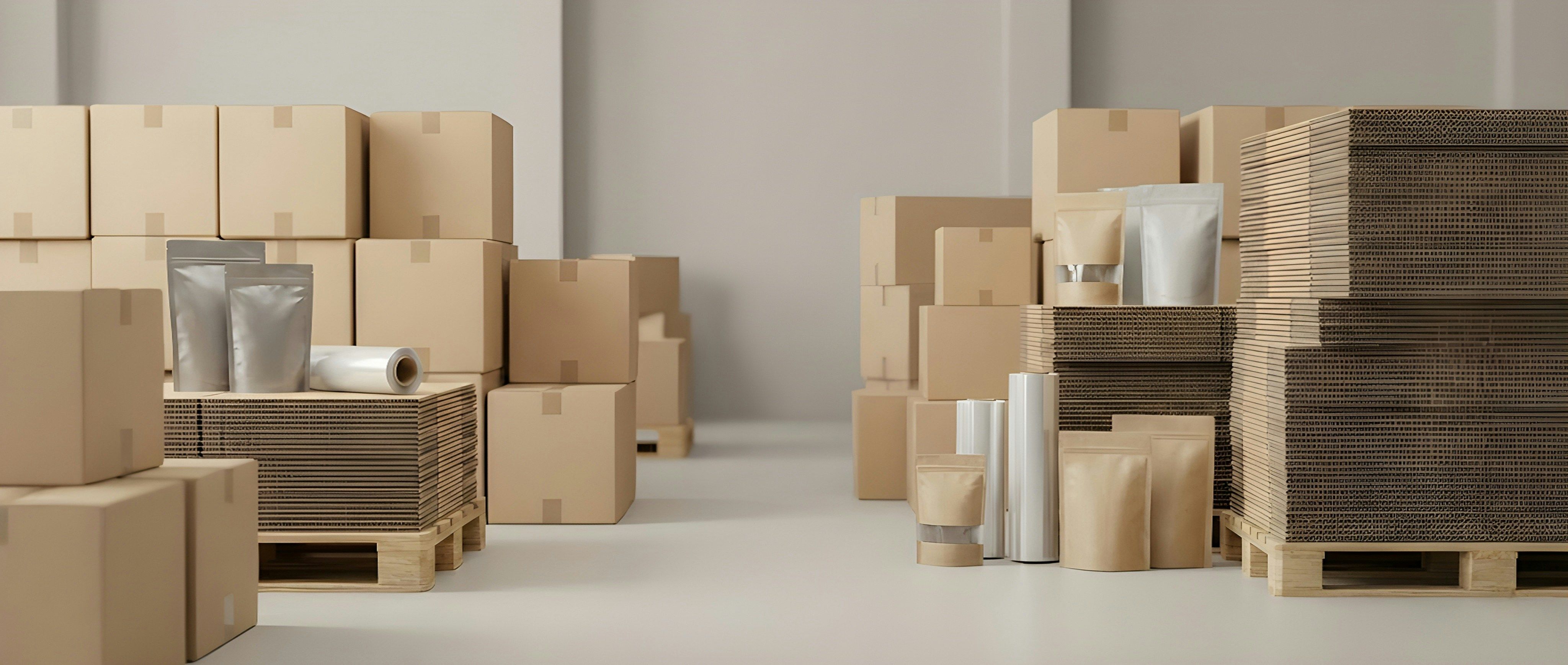 Large cardboard boxes stacked on pallets in a warehouse