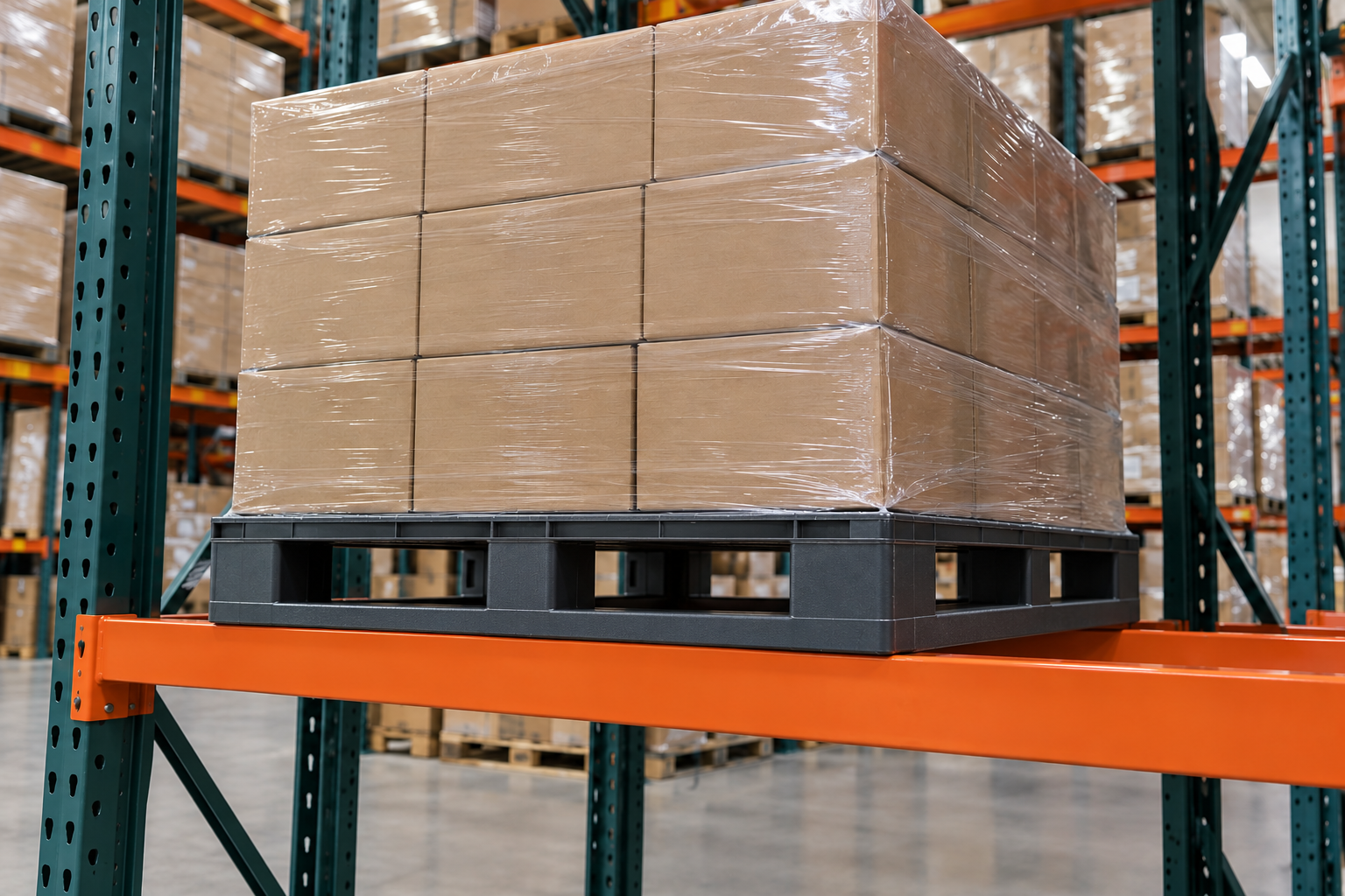 Loaded plastic pallet resting on the beams of a warehouse pallet rack