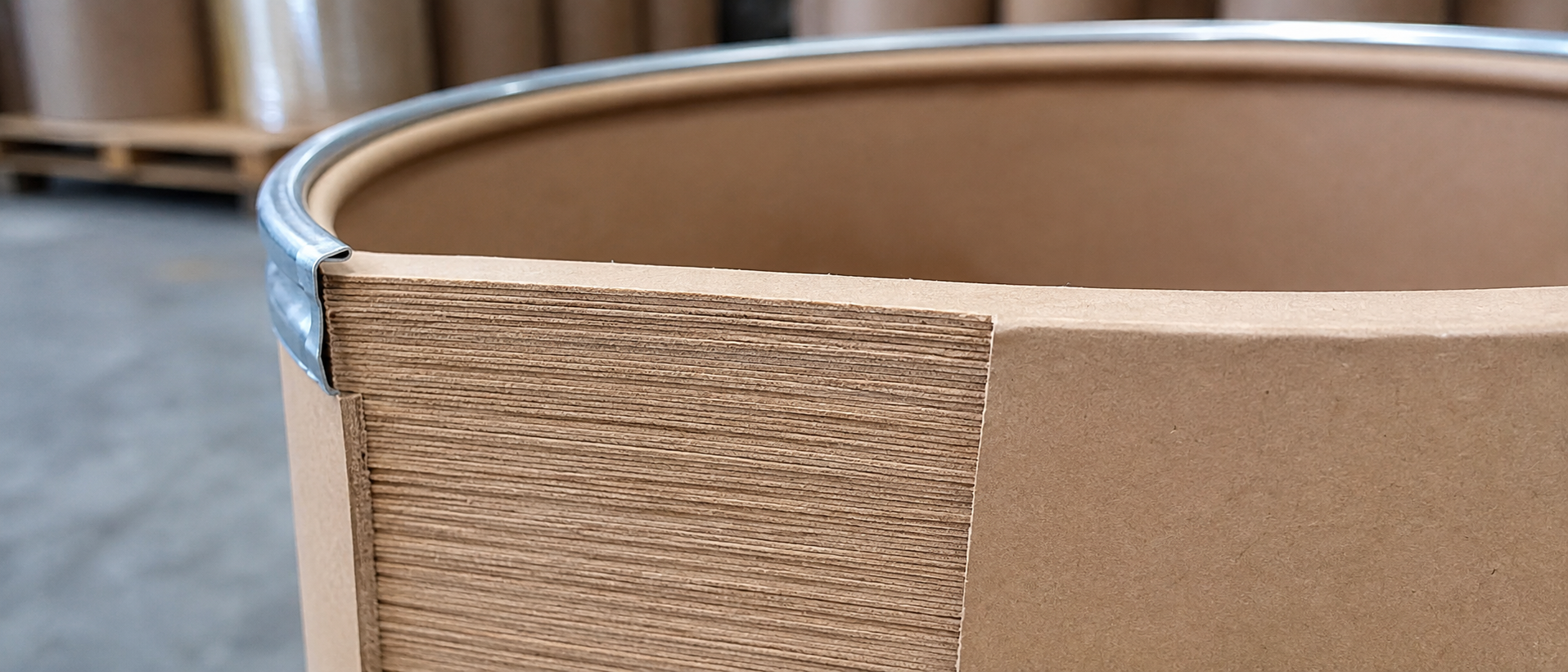 Cross-section of a fiber drum wall showing multiple laminated paperboard plies
