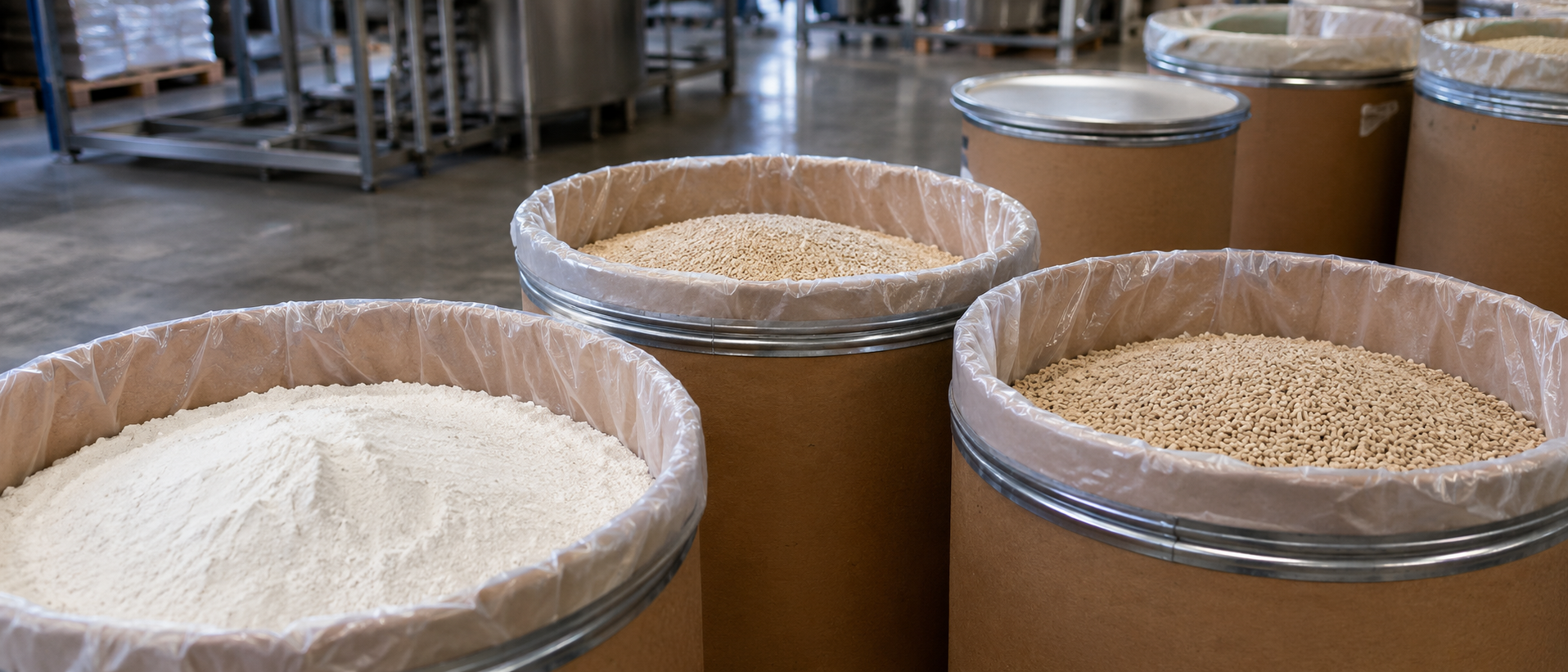 Fiber drums holding dry powdered or granular ingredients on a production floor