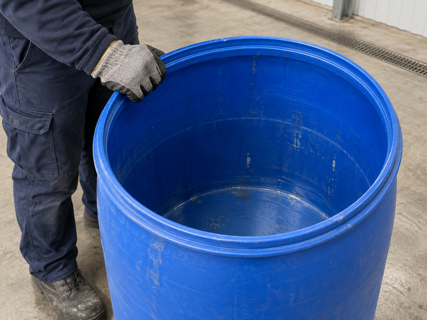 Worker inspecting the inside of an open-head plastic drum for leftover residue