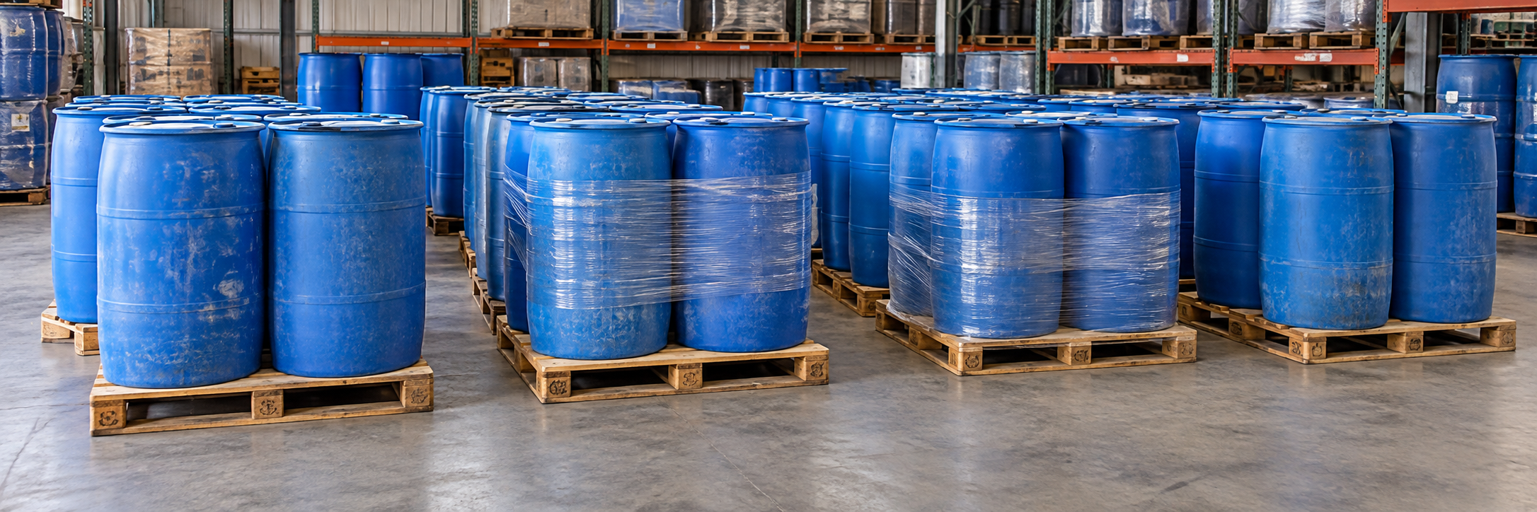 Pallets of used 55-gallon plastic drums staged in a warehouse ready for sale