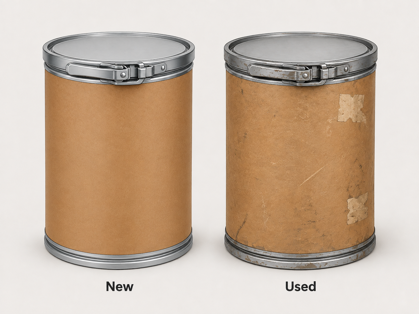 Side by side comparison of a new fiber drum and a used reconditioned fiber drum