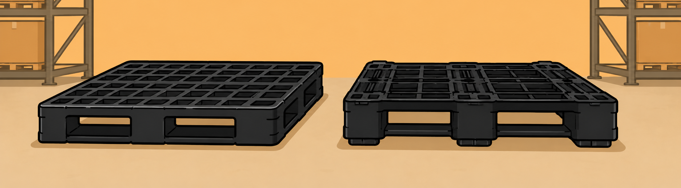 Side-by-side comparison of a nestable and a rackable plastic pallet