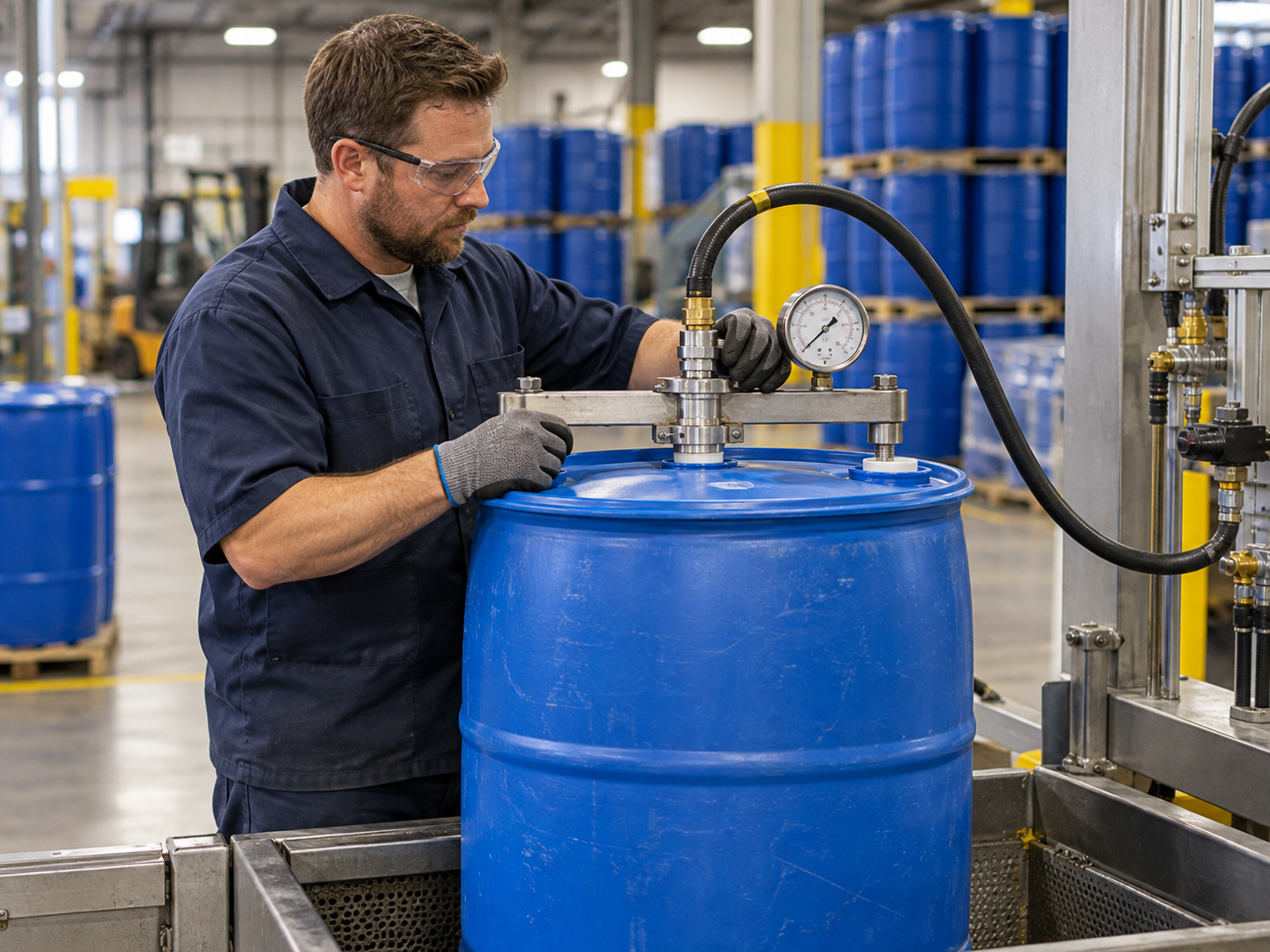 Technician leak testing a reconditioned plastic drum at a pressure test station