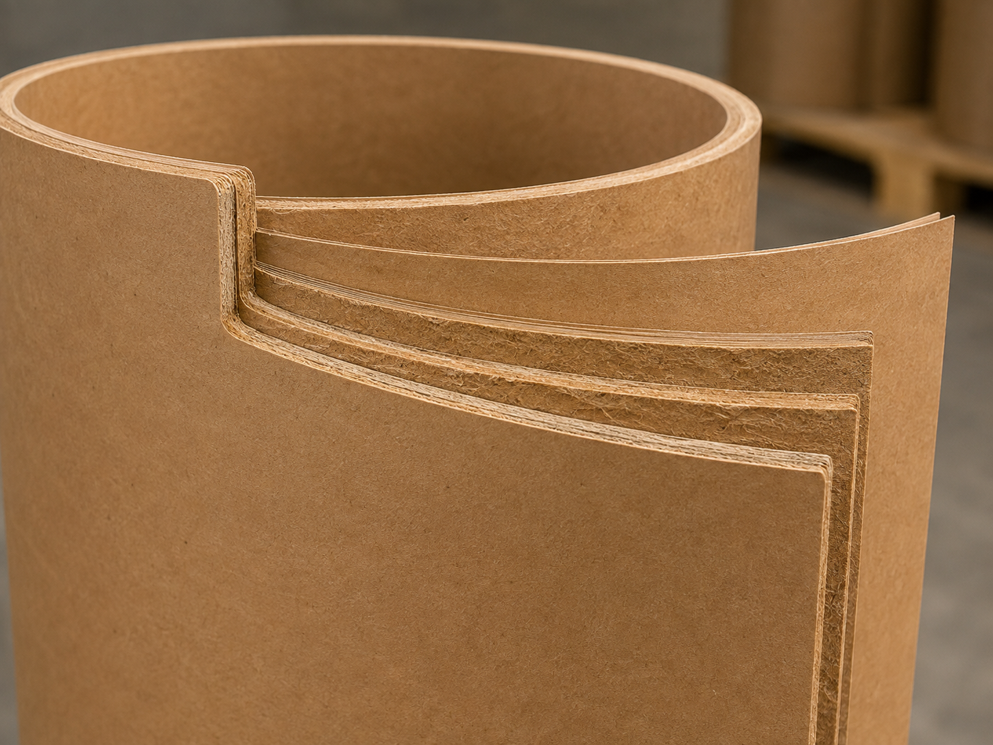 Layered fiberboard material used to construct a fiber drum shell