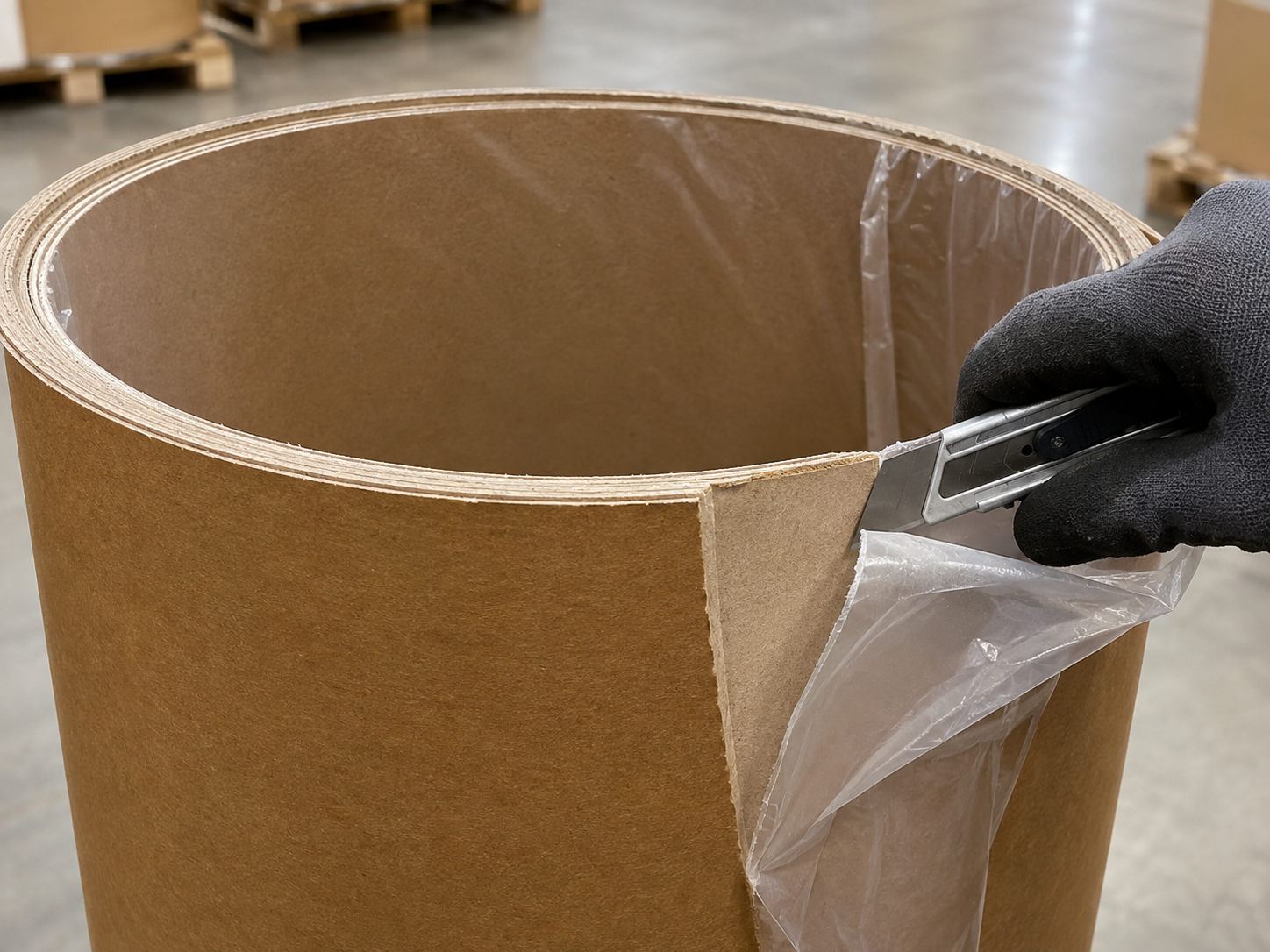 Cutting a plastic liner away from the inside of a fiber drum shell