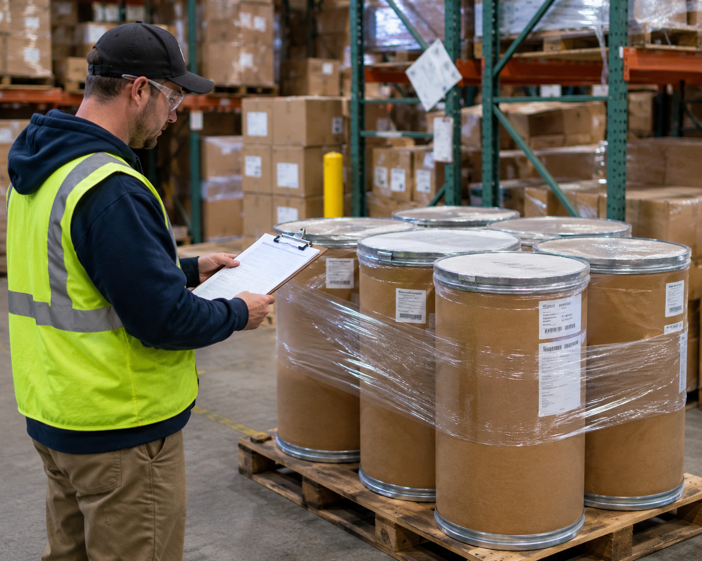 Worker checking paperwork against a pallet of fiber drums in a warehouse
