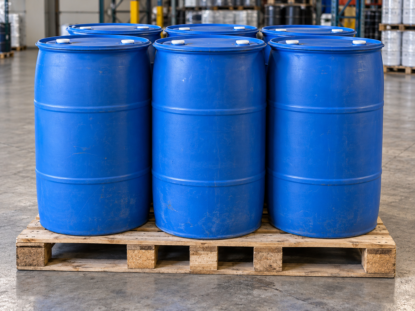 Reconditioned plastic drums stacked on a pallet ready to be reused