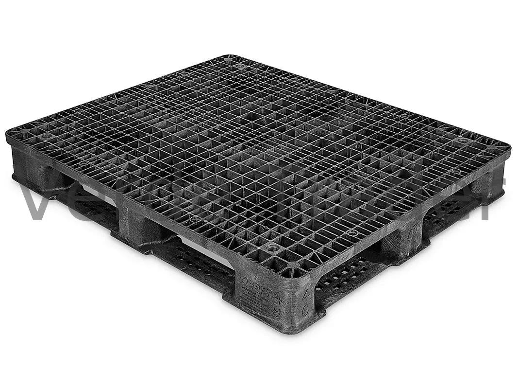 Underside of a 4-way entry plastic pallet showing open block structure on all four sides