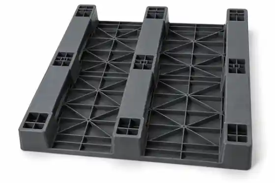 Underside of a 3-runner plastic pallet showing three parallel runners
