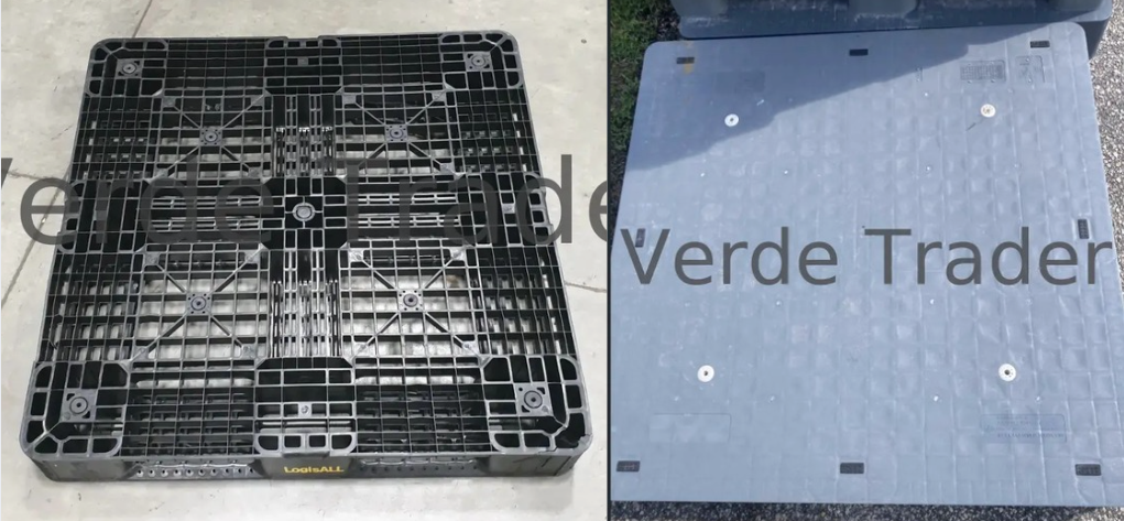 Open-deck rackable plastic pallet next to a solid-top rackable plastic pallet showing deck surface difference
