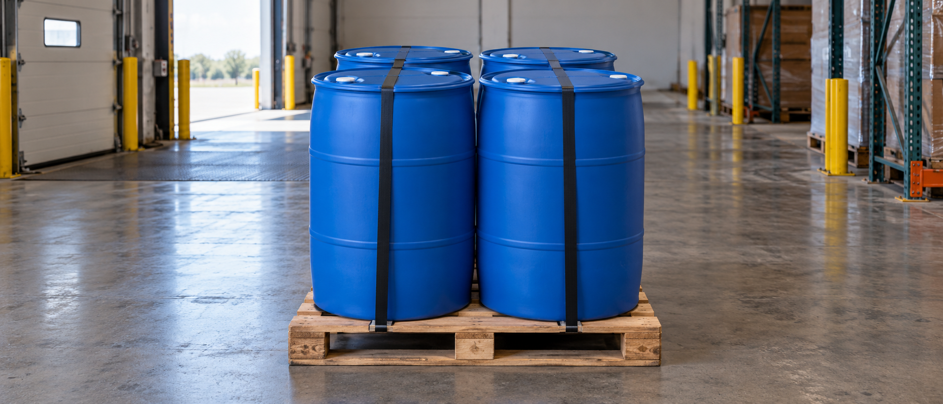 A pallet of four 55 gallon plastic drums banded and staged for shipping