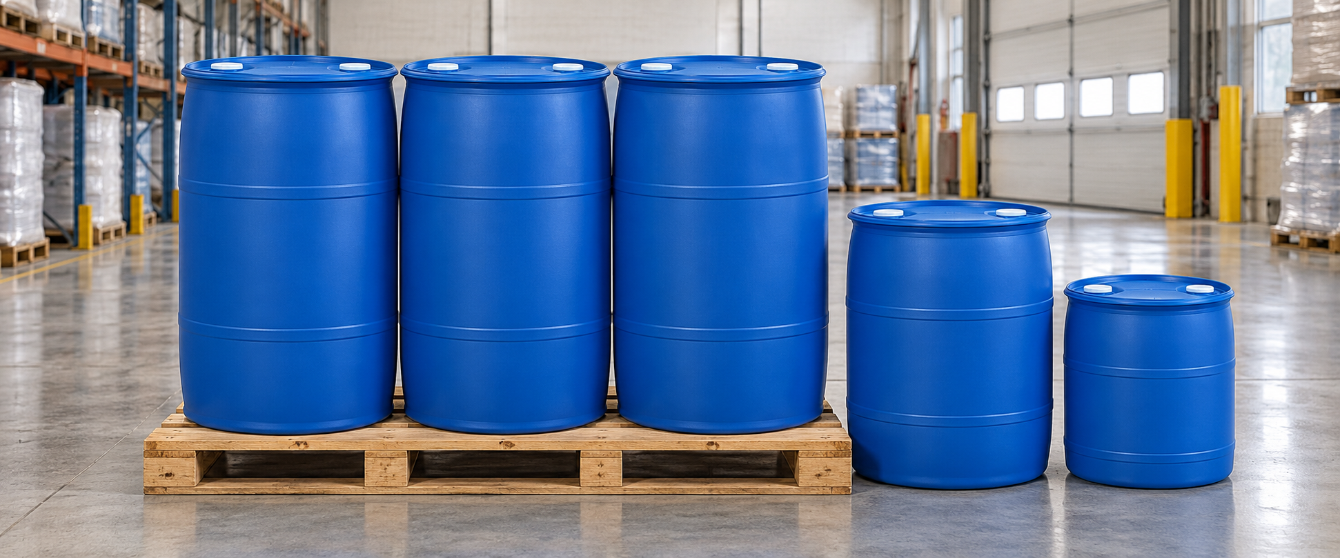 New blue 55-gallon plastic drums on a pallet next to smaller 30-gallon and 15-gallon drums