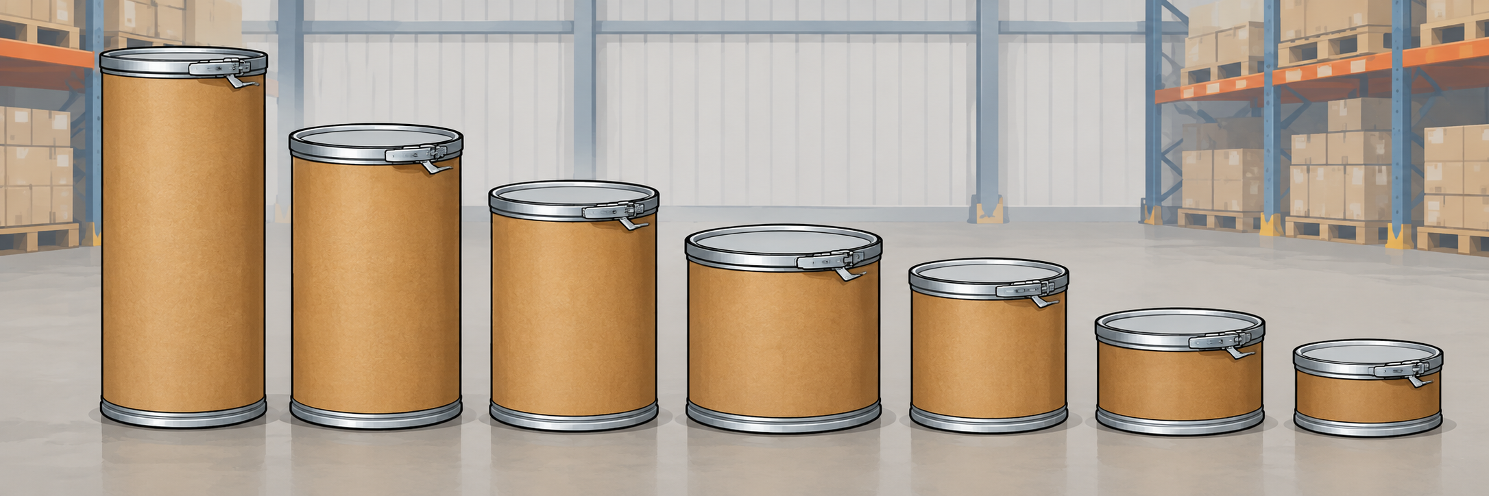 Several different sized fiber drums lined up by height in a warehouse