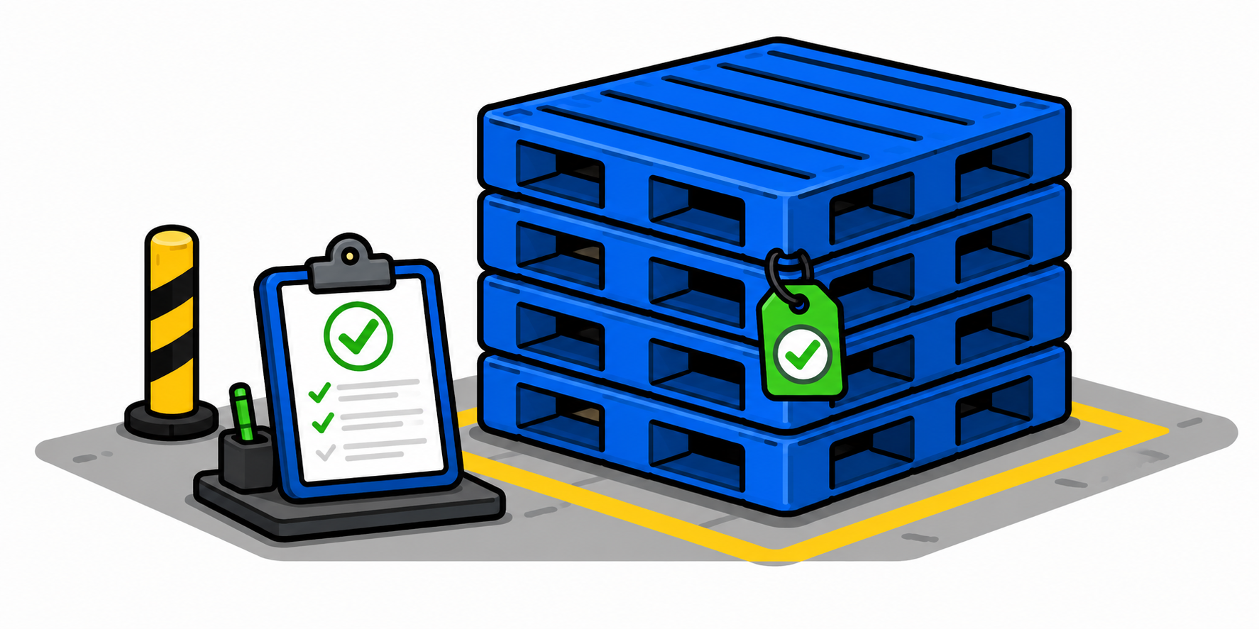 Stack of pooled plastic pallets staged for redeployment after inspection