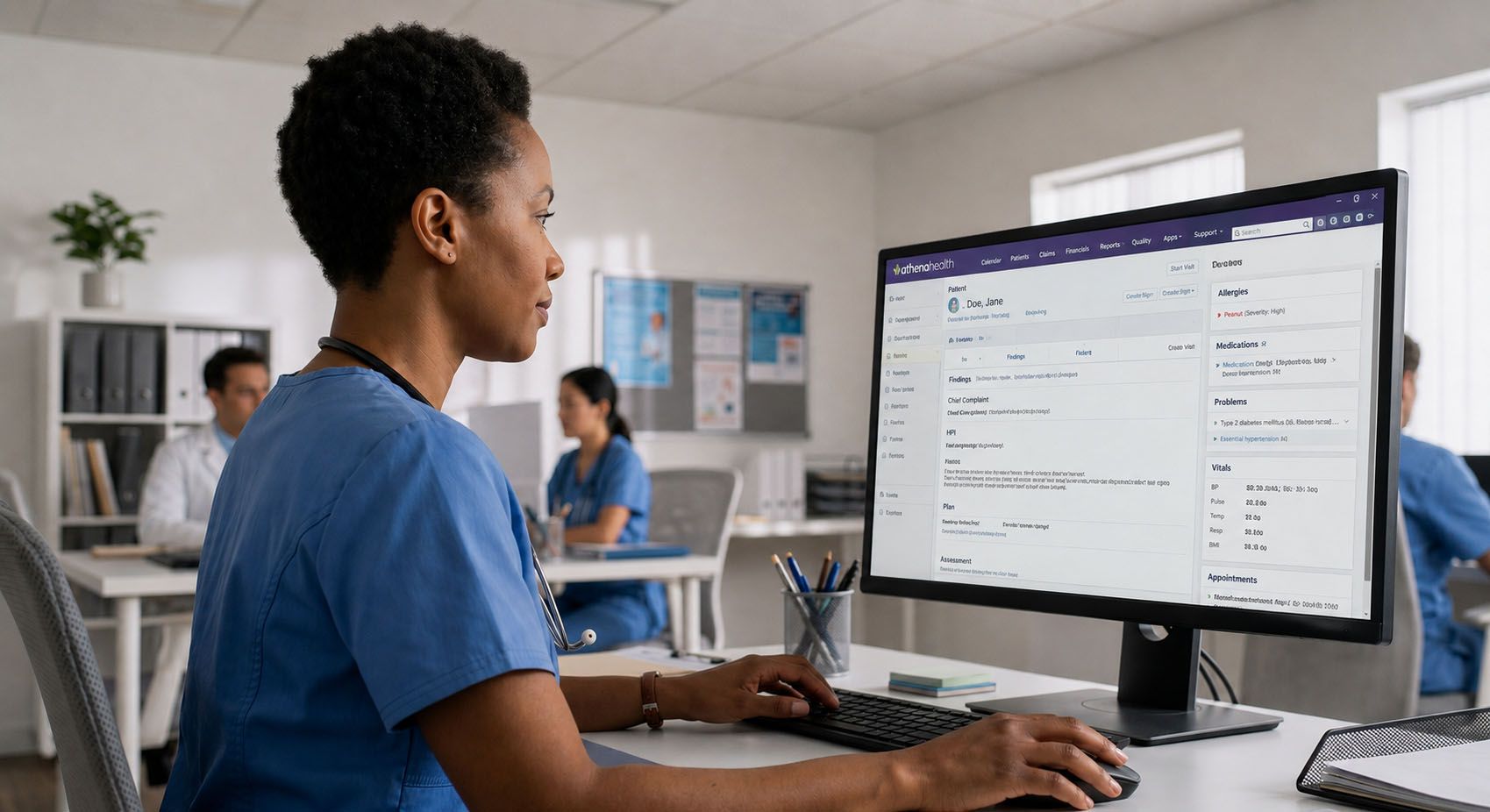 A clinician reviewing a patient record on screen