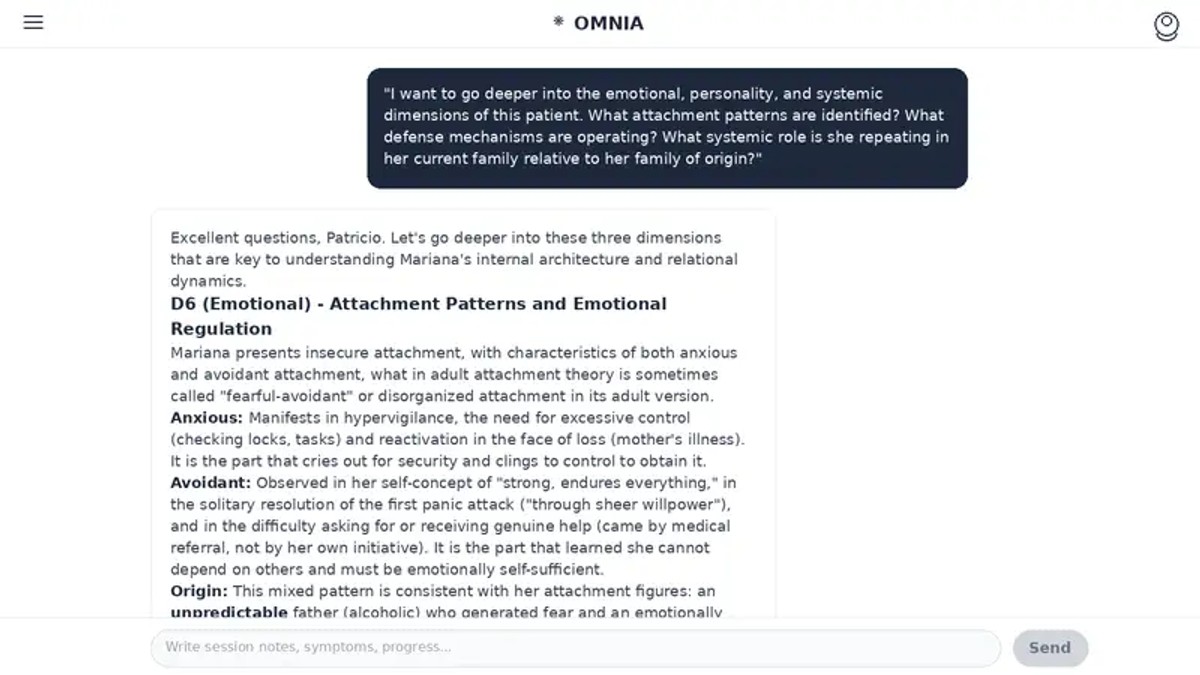 Screenshot of prompt 2 and Omnia's response showing D6 (Emotional) with "insecure attachment, with characteristics of both anxious and avoidant attachment" 