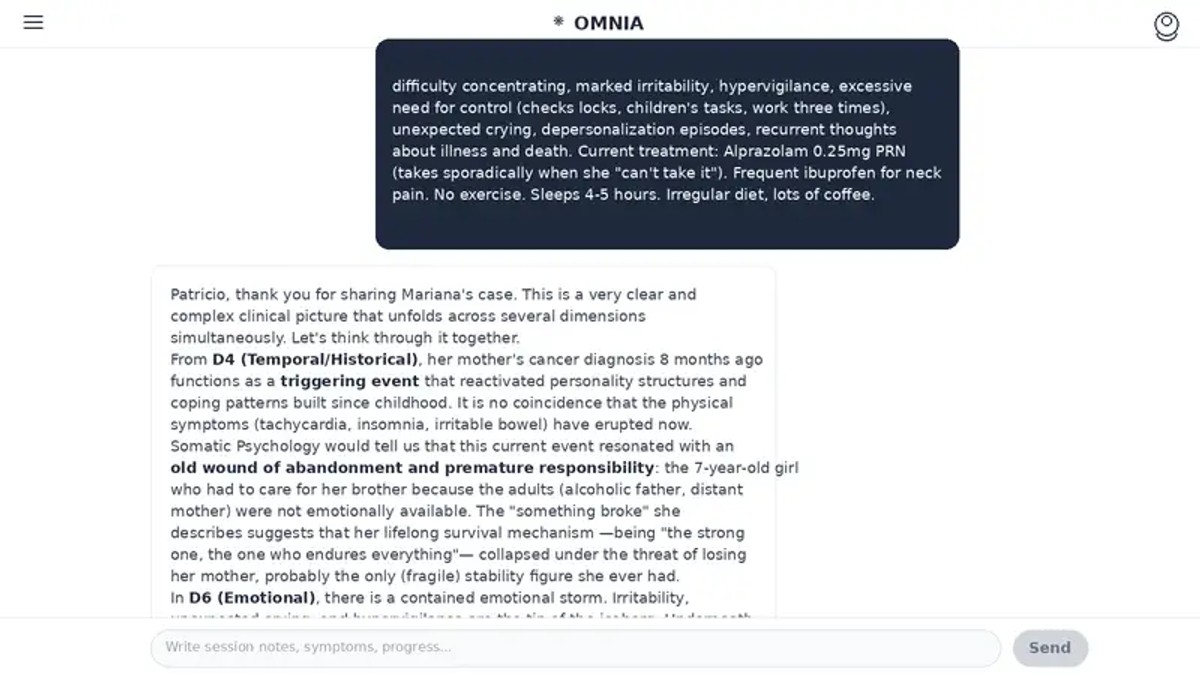 Screenshot of prompt 1 and Omnia's response showing the analysis of D4 (Temporal/Historical) with the text "an old wound of abandonment and premature responsibility"