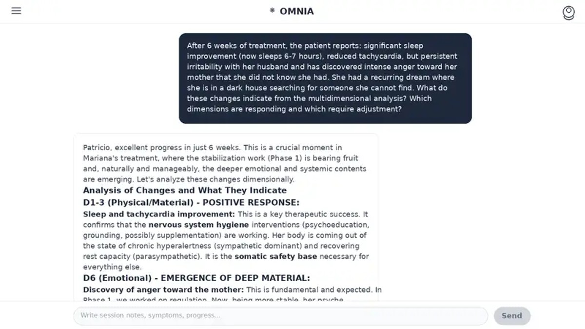 Screenshot of prompt 4 and Omnia's response showing "D1-3 (Physical/Material) - POSITIVE RESPONSE" and "D6 (Emotional) - EMERGENCE OF DEEP MATERIAL"