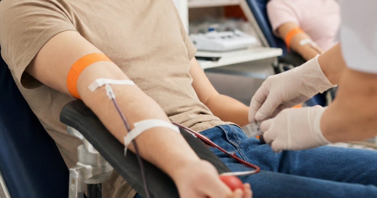 A photorealistic scene of a person calmly donating blood at a donation center, arm resting on a padded armrest, blood bag and tubing visible, warm clinic lighting, medical staff nearby, brand color orange accent on a wall detail. Alt: person donating whole blood at a blood donation center with medical equipment visible.