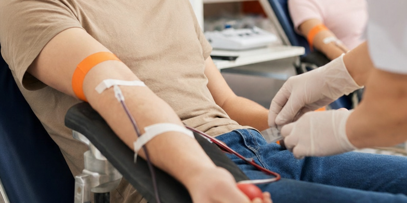 A photorealistic scene of a person calmly donating blood at a donation center, arm resting on a padded armrest, blood bag and tubing visible, warm clinic lighting, medical staff nearby, brand color orange accent on a wall detail. Alt: person donating whole blood at a blood donation center with medical equipment visible.