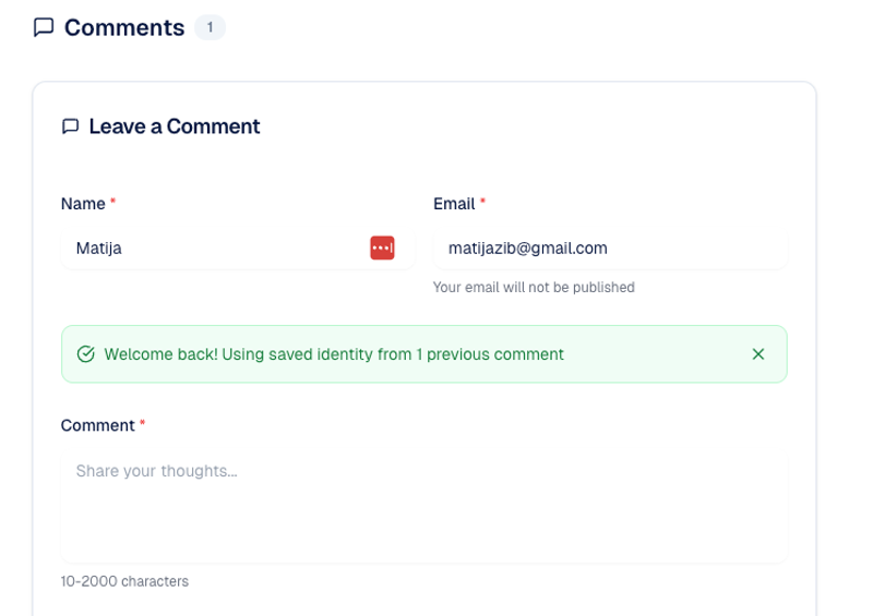 Saved identity for commenting