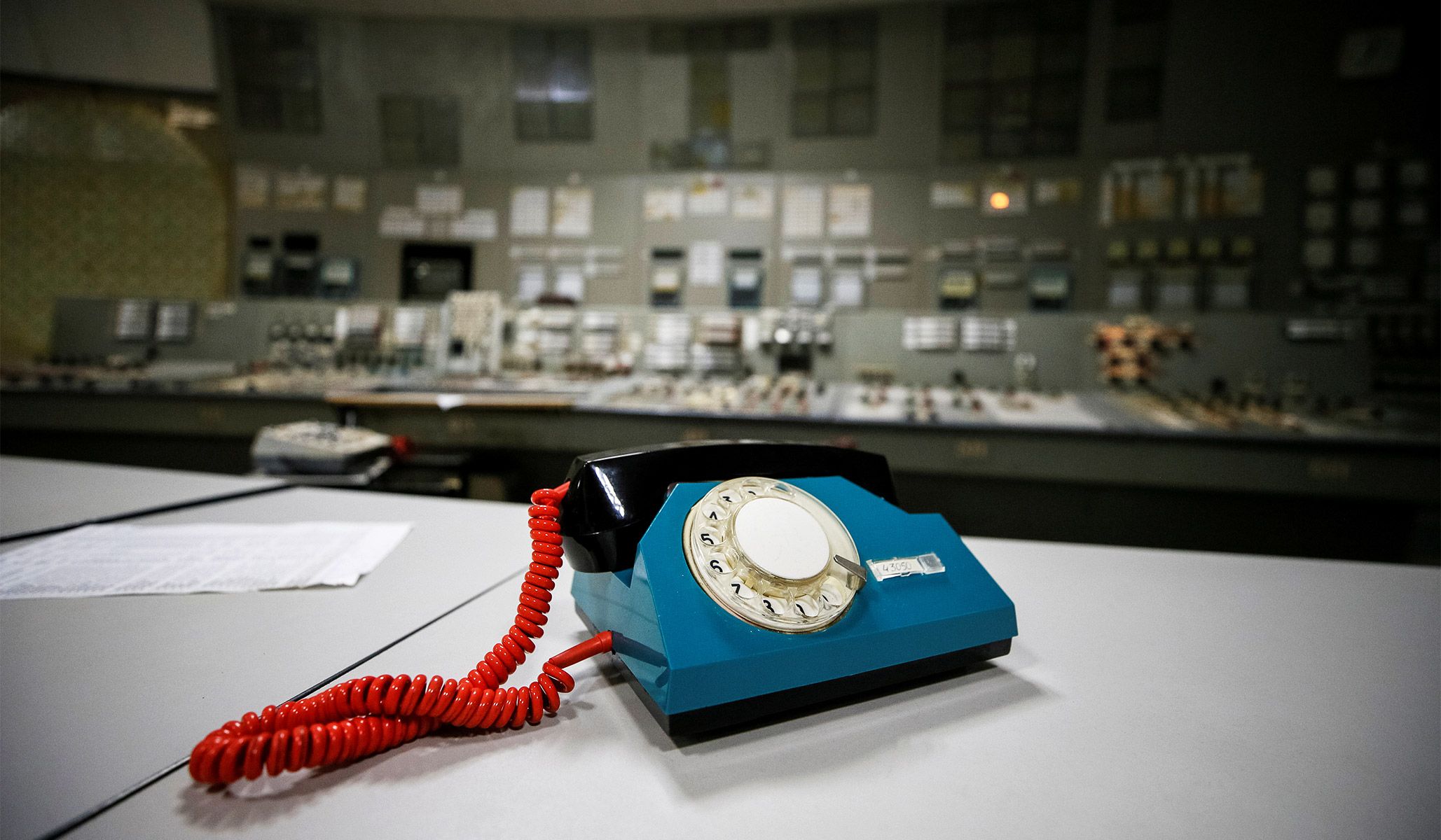 A telephone in a control center of the stopped third reactor at the Chernobyl nuclear power plant in Chernobyl, Ukraine, April 20, 2018.