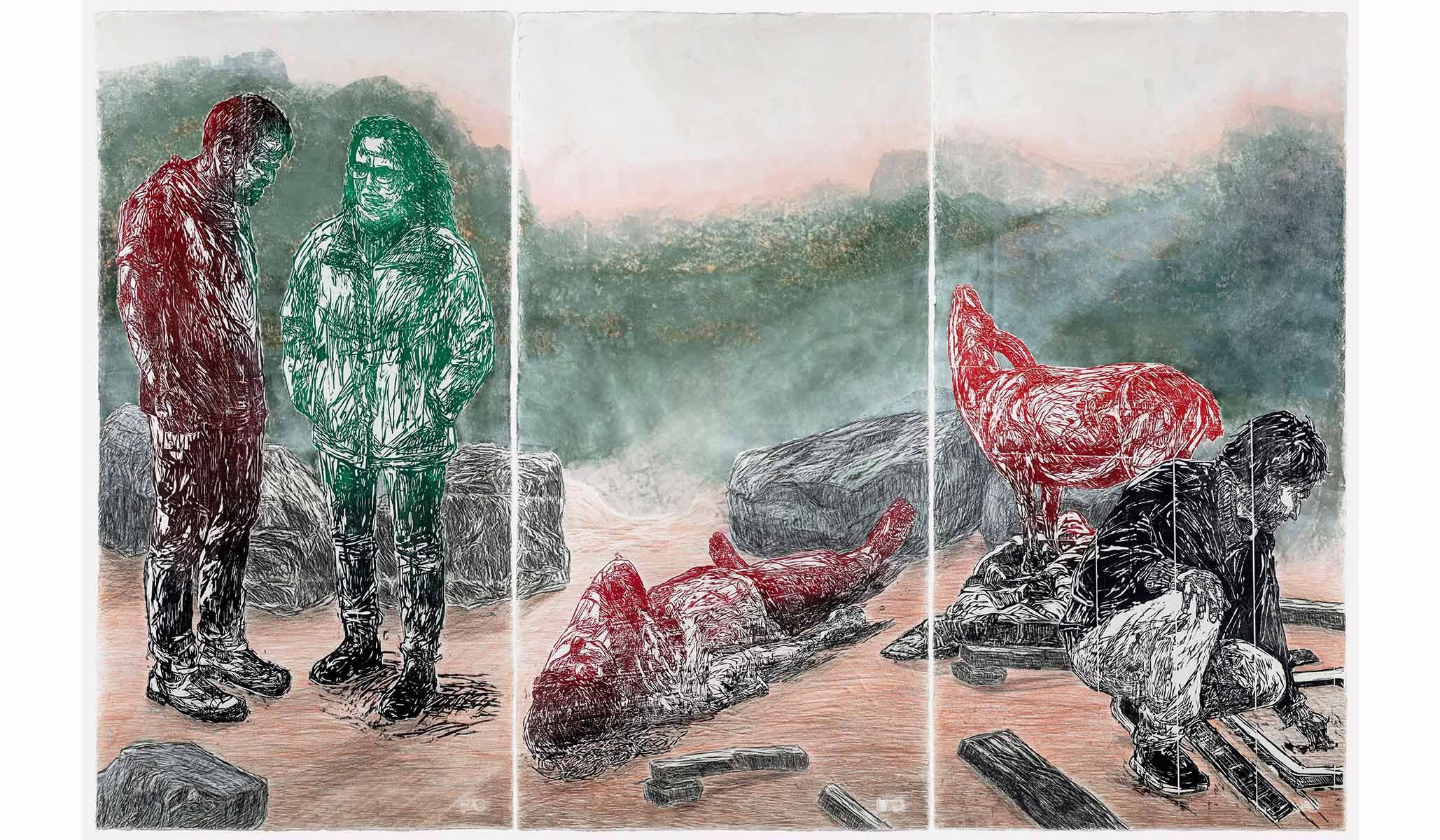 Orit Hofshi, Ephemeral Passage , 2025, woodcut, rubbing, and colored pencil drawing on handmade Kozo & Abaca paper.