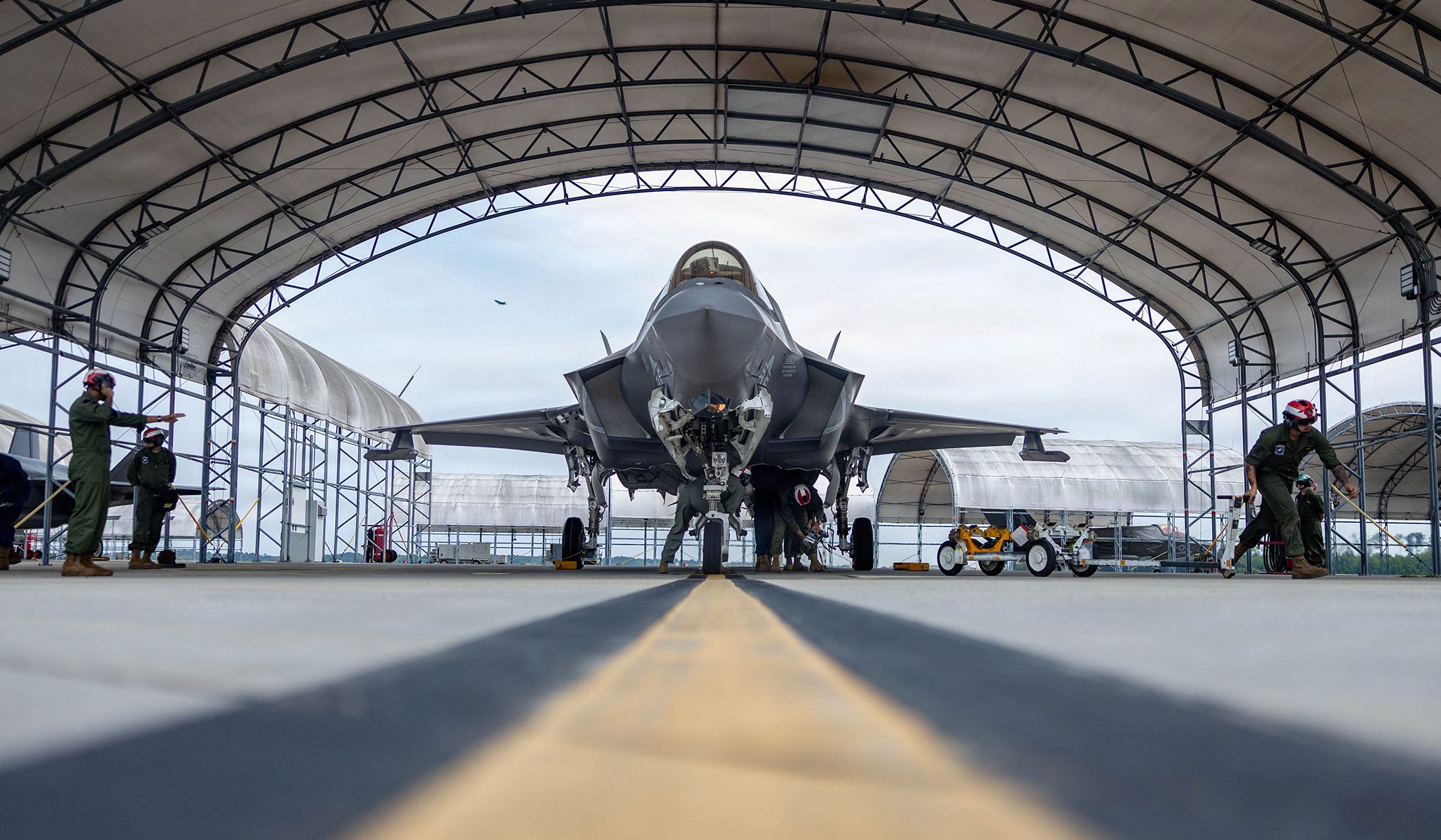 U.S. Marines with the “Hawks” of Marine Fighter Attack Squadron VMFA-533, Marine Aircraft Group MAG-31, Second Marine Aircraft Wing, load ordnance onto an F-35B Lightning II at Marine Corps Air Station Beaufort, S.C., April 22, 2026.