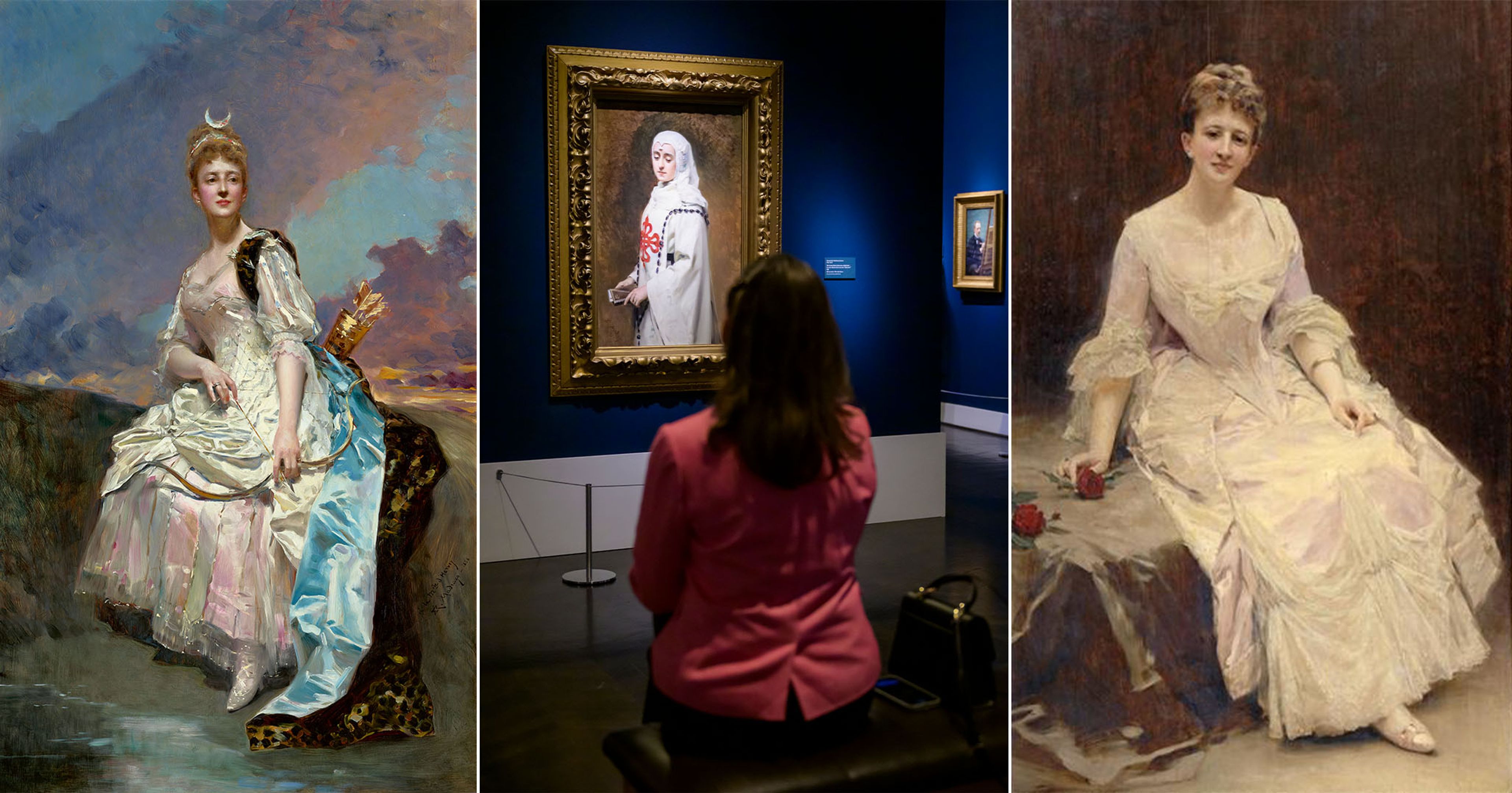 Left : Raimundo de Madrazo y Garreta, The Marquise d’Hervey de Saint-Denys as the Goddess Diana , 1888, oil on canvas. (Musée d’Orsay, Paris, photography by Adrien Didierjean) Center : Gallery view of a painting by Raimundo de Madrazo y Garreta. (Courtesy of Southern Methodist University) Right : Raimundo de Madrazo y Garreta, Portrait of the Marquise d’Hervey, Sitting , 1885, oil on panel. (Public domain/via Wikimedia)