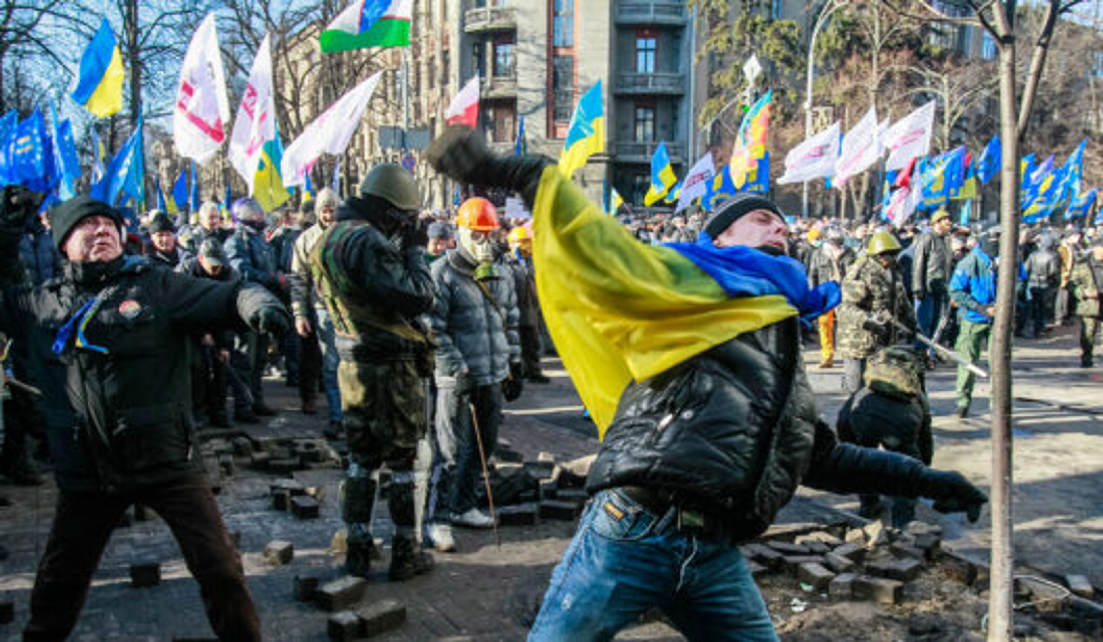 Anti-government protesters throw stones towards Interior Ministry officers during a rally near Ukraine's house of parliament, in Kiev, Ukraine, February 18, 2014.